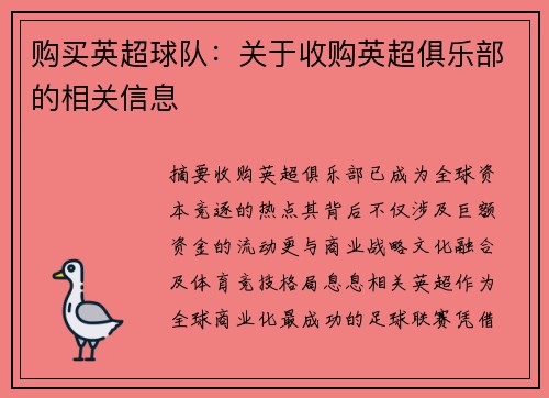 购买英超球队：关于收购英超俱乐部的相关信息