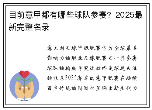 目前意甲都有哪些球队参赛？2025最新完整名录